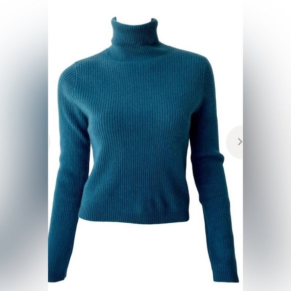 NWT NAADAM CASHMERE RIBBED CROPPED TURTLENECK - TEAL XS $345 - Picture 3 of 5